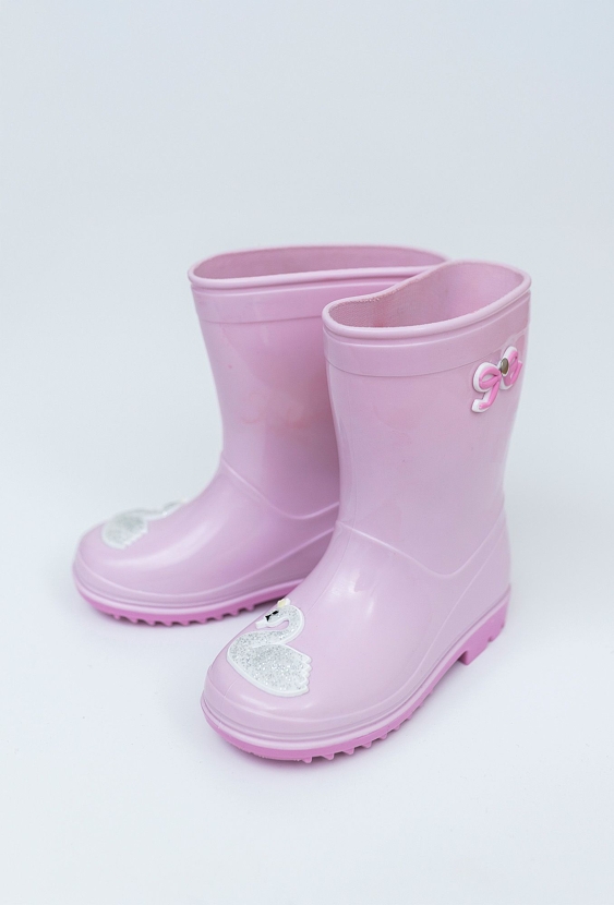 Różowe kalosze dziecięce z brokatowym łabędziem