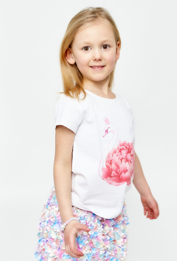 T-shirt dziewczęcy z nadrukiem łabędzia