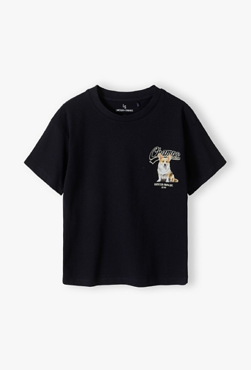 Pudełkowy t-shirt dziewczęcy - granatowy z pieskiem