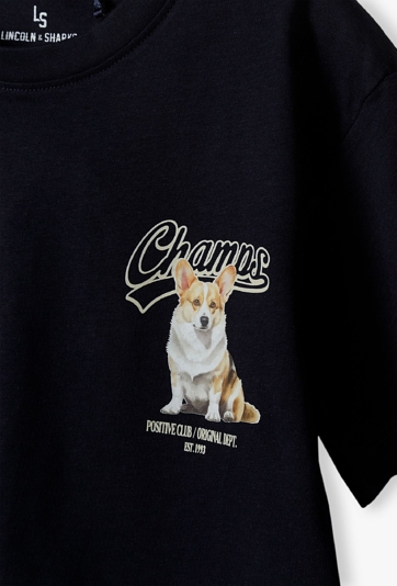 Pudełkowy t-shirt dziewczęcy - granatowy z pieskiem