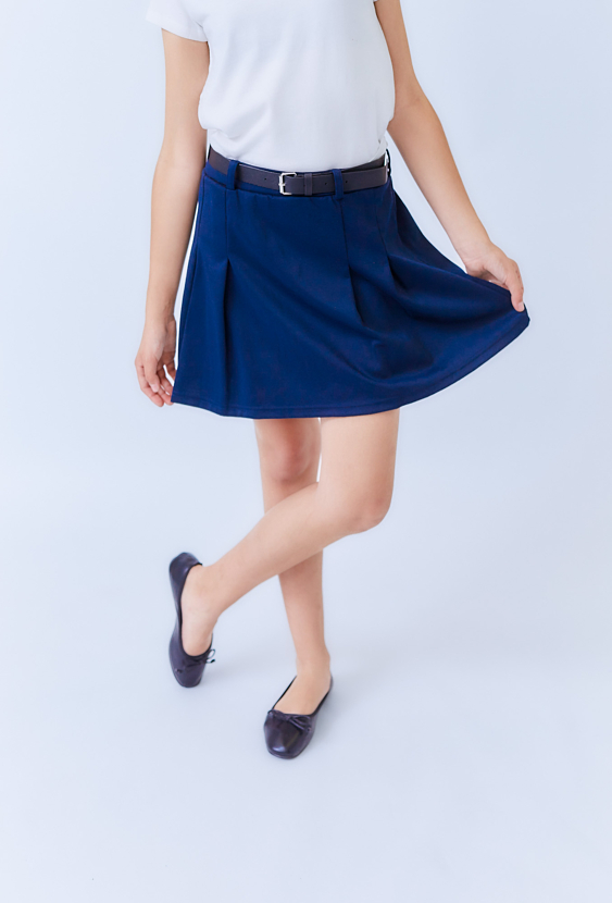 Spódnica dziewczęca granatowa z zakładkami i paskiem