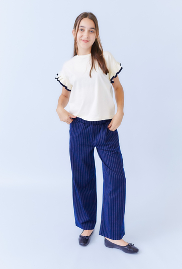 Spodnie dziewczęce wide leg granatowe w prążkek