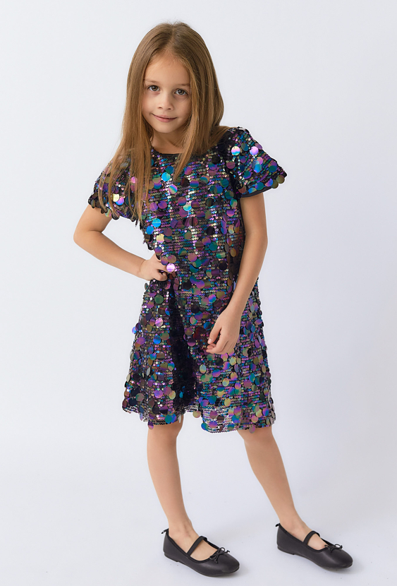 Świąteczna sukienka dziewczęca z cekinami na krótki rękaw