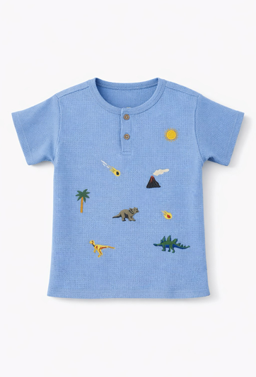 Koszulka chłopięca z waflowej dzianiny z haftami dinozaurów