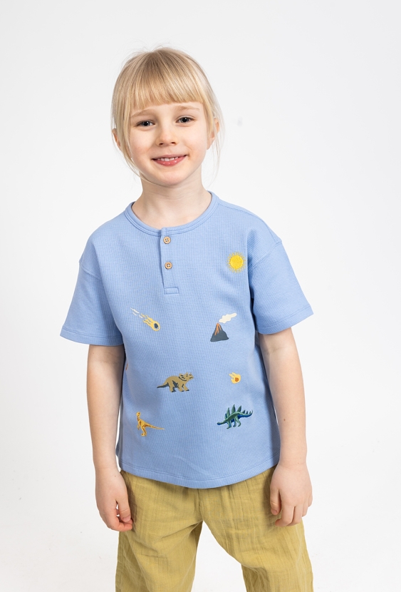 Koszulka chłopięca z waflowej dzianiny z haftami dinozaurów