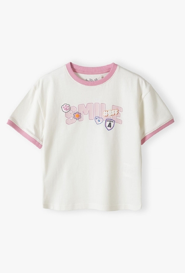 Bawełniany t-shirt dla dziewczynki - biały z napisem SMILE