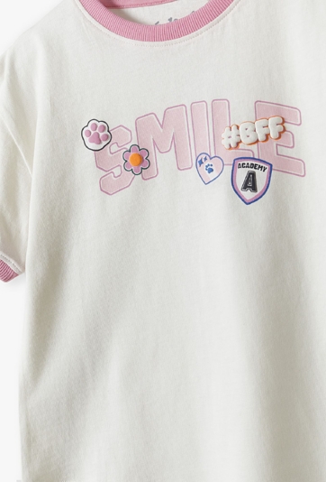 Bawełniany t-shirt dla dziewczynki - biały z napisem SMILE