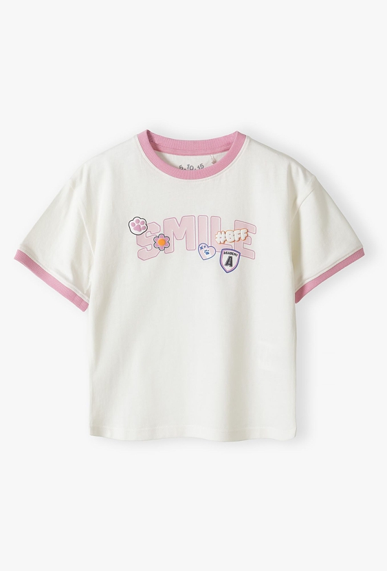 Bawełniany t-shirt dla dziewczynki - biały z napisem SMILE