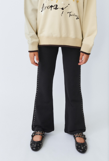 Czarne spodnie dziewczęce Flare z dżetami, ocieplane