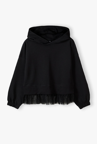 Czarna bluza dziewczęca z kapturem i tiulową falbanką