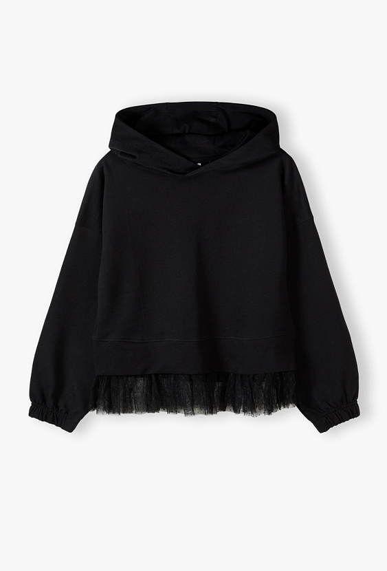 Czarna bluza dziewczęca z kapturem i tiulową falbanką