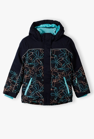 Kurtka narciarska dla dziewczynki - granatowa w kwiaty