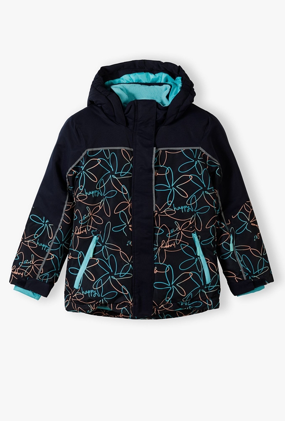 Kurtka narciarska dla dziewczynki - granatowa w kwiaty