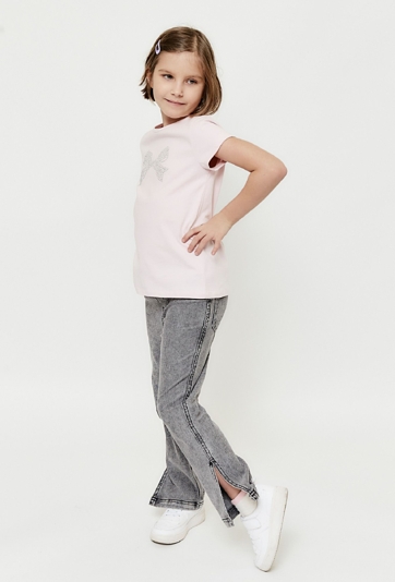 T-shirt dziewczęcy różowy z kokardką z koralików