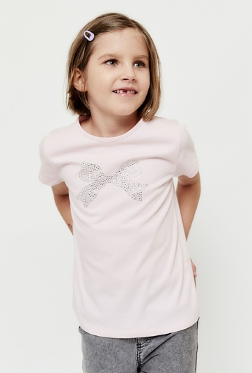 T-shirt dziewczęcy różowy z kokardką z koralików