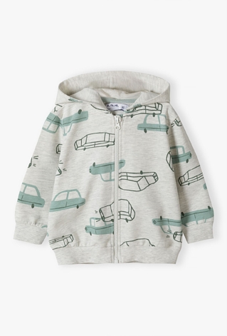 Szara bluza niemowlęca w samochodziki - rozpinana z kapturem