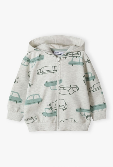 Szara bluza niemowlęca w samochodziki - rozpinana z kapturem