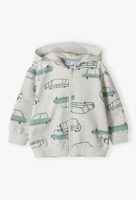 Szara bluza niemowlęca w samochodziki - rozpinana z kapturem