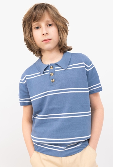 Koszulka polo chłopięca niebieska w białe paski