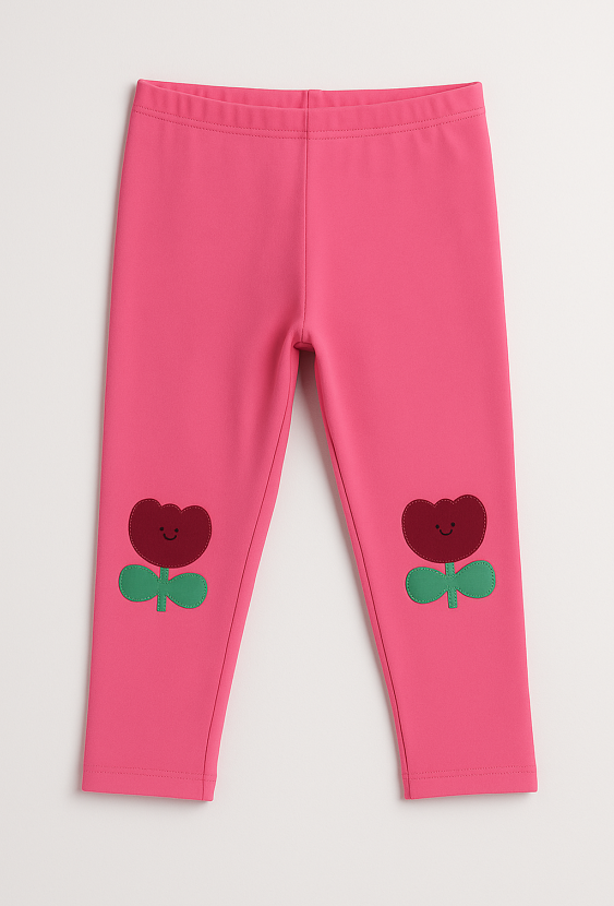 Różowe legginsy niemowlęce z naszywkami kwiatków na kolankach