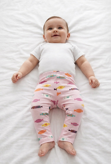 Różowe legginsy dziewczęce z nadrukiem cukierków.