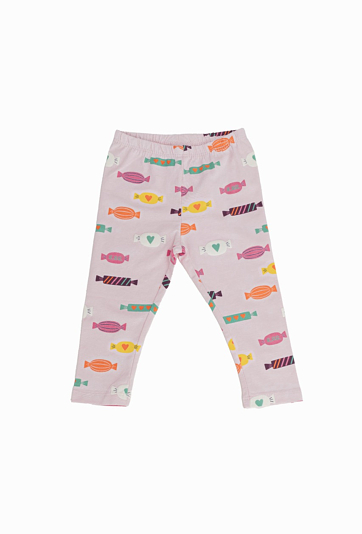 Różowe legginsy dziewczęce z nadrukiem cukierków.