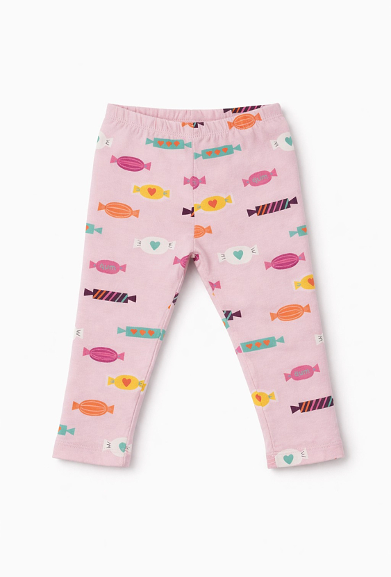 Różowe legginsy dziewczęce z nadrukiem cukierków.