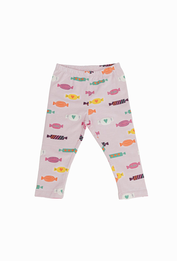 Różowe legginsy dziewczęce z nadrukiem cukierków.