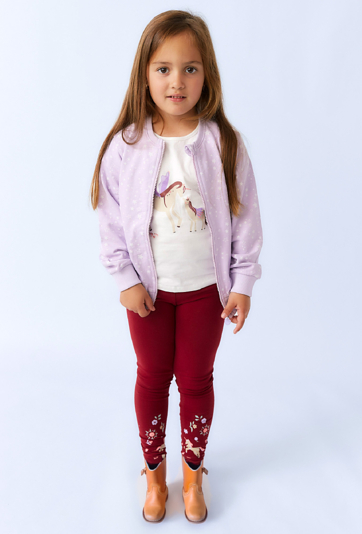 Legginsy dziewczęce bordowe z nadrukiem jednorożców