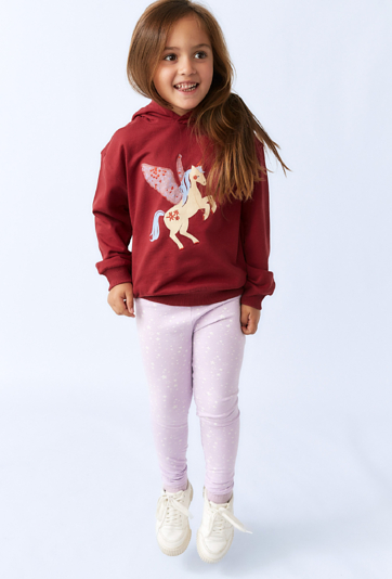 Dziewczęce legginsy z bawełny – liliowe z nadrukiem