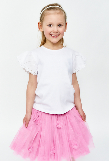 T-shirt dziewczęcy z ozdobnymi rękawami - biały