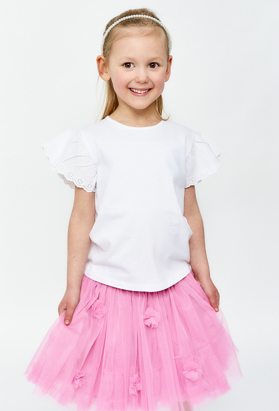 T-shirt dziewczęcy z ozdobnymi rękawami - biały