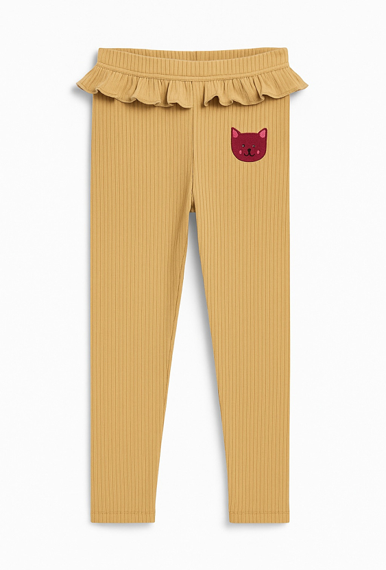 Dziewczęce prążkowane legginsy z falbanką i aplikacją kotka