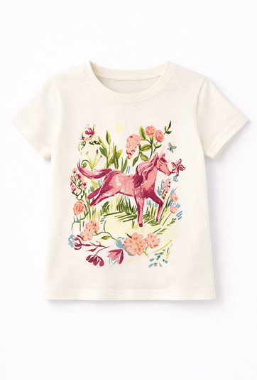 Koszulka dziewczęca z kolorowym nadrukiem i brokatem