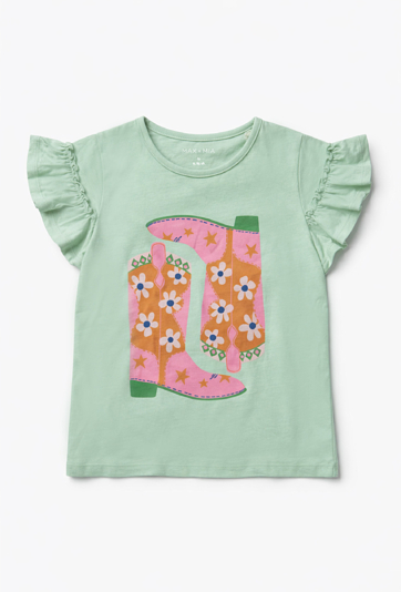 Koszulka dla dziewczynki z falbanką i nadrukiem kowbojek