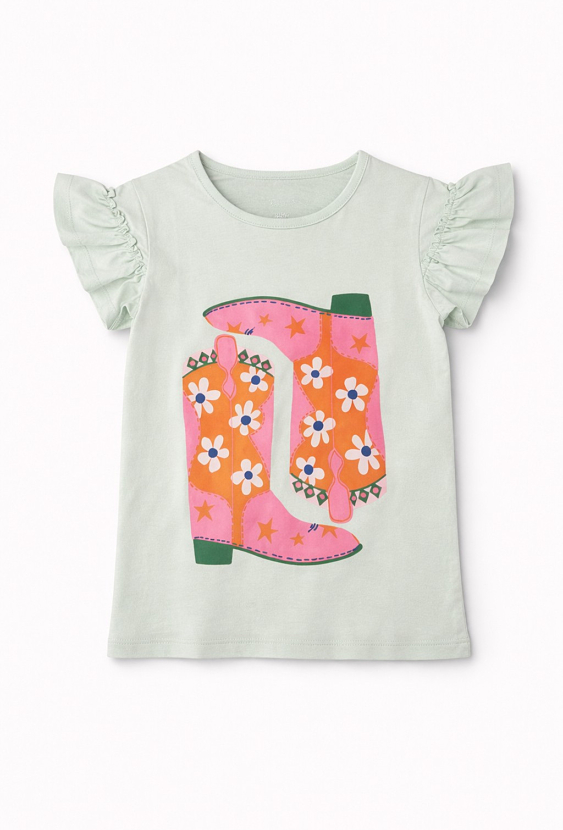Koszulka dla dziewczynki z falbanką i nadrukiem kowbojek