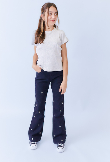 Spodnie dziewczęce wide leg granatowe z metalowymi oczkami