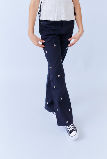 Spodnie dziewczęce wide leg granatowe z metalowymi oczkami