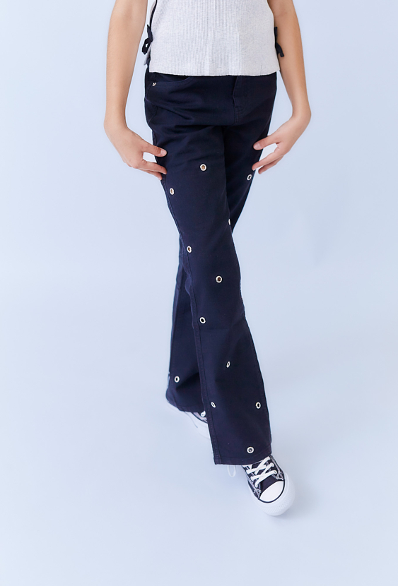 Spodnie dziewczęce wide leg granatowe z metalowymi oczkami