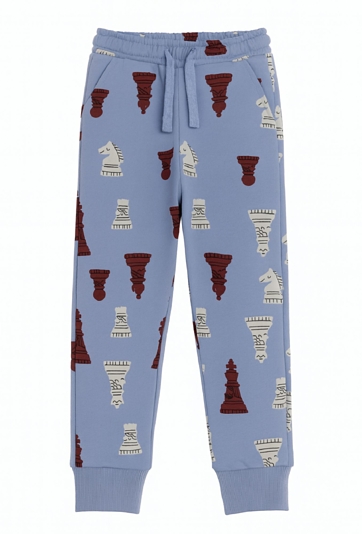Niebieskie spodnie dresowe z nadrukiem szachowym.
