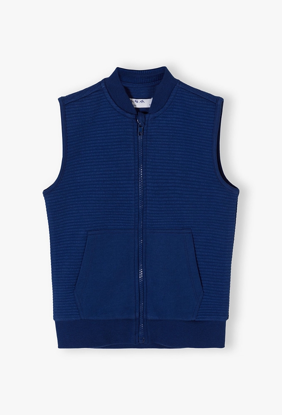 Bezrękawnik chłopięcy w prążki granatowy ze stójką