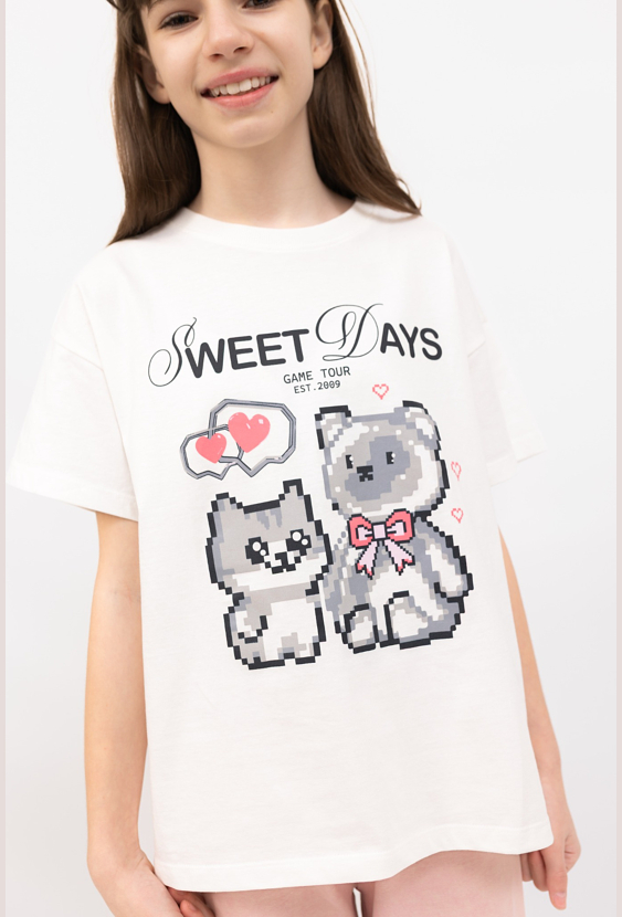 T-shirt dziecięcy oversize „Sweet Days” z nadrukiem kotów