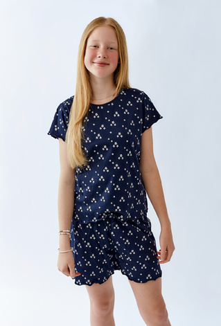 Piżama dziewczęca z krótkim rękawem - granatowa w kwiatki
