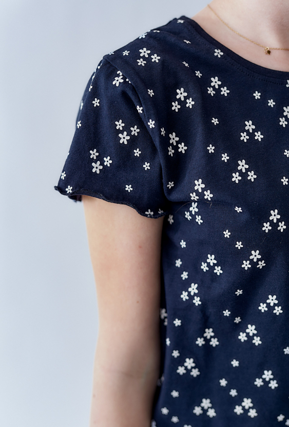 Piżama dziewczęca z krótkim rękawem - granatowa w kwiatki