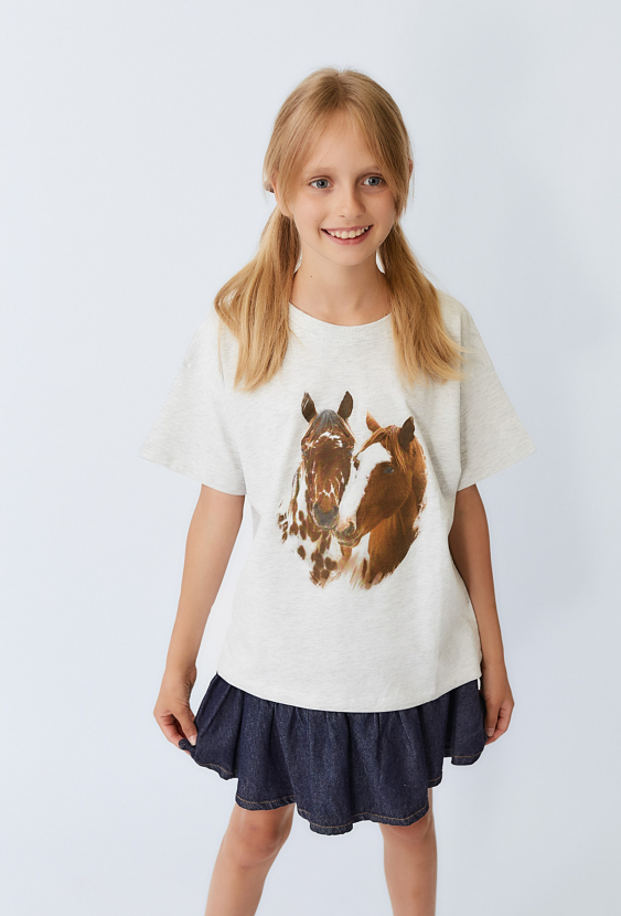 Koszulka dziewczęca szara oversize z fotonadrukiem koni.