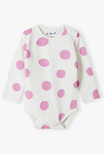 Dzianinowe body z długim rękawem - białe w różowe kropki