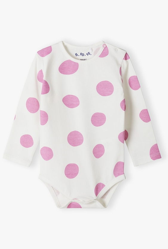 Dzianinowe body z długim rękawem - białe w różowe kropki