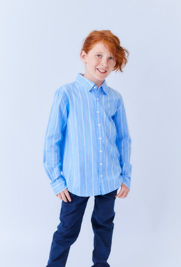 Koszula chłopięca niebieska w paski z haftem, długi rękaw