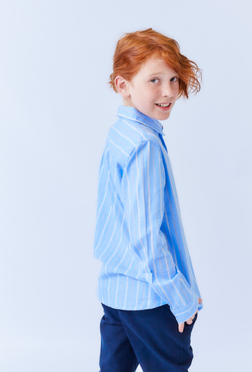 Koszula chłopięca niebieska w paski z haftem, długi rękaw