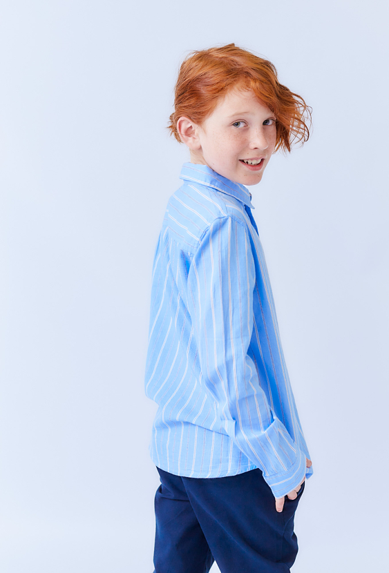 Koszula chłopięca niebieska w paski z haftem, długi rękaw